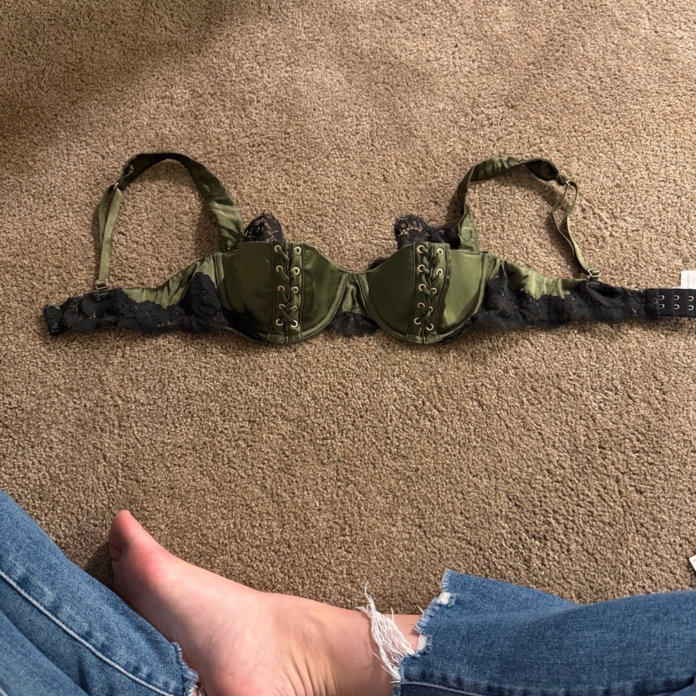 Victoria's Secret Olive Satin Bra with Black Accents